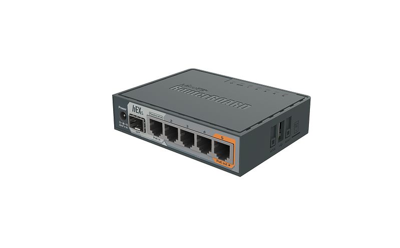 Link udløb Socialist Mikrotik RouterBoard hEX S RB760iGS 5 port 10/100/1000 switch and/or router  with an SFP port and a PoE output port in a molded plastic case with power  supply - New! :: Mikrotik