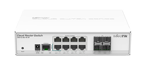 Mikrotik CRS112-8G-4S-IN Cloud Router Switch complete 4 SFP ports plus 8 port 10/100/1000 layer 3 switch and router assembled with case and power supply