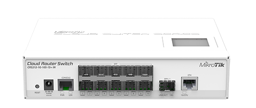 Mikrotik Cloud Router Switch CRS212-1G-10S-1S+IN complete 10 SFP cages, 1 SFP+ cage, 1 Gigabit LAN, layer 3 switch and router assembled with case and power supply - New!