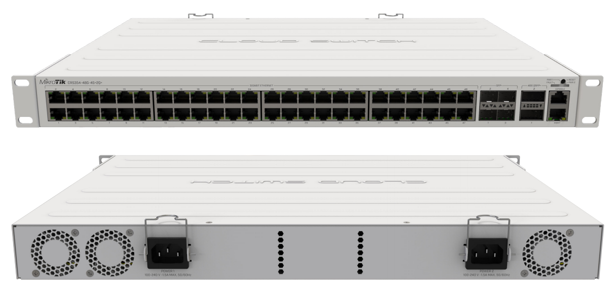 Mikrotik's new Cloud Router Switch CRS354-48G-4S+2Q+RM has 48 x 1G RJ45 ports, 4 x 10G SFP+ ports, and 2 x 40G QSFP+ ports in a 1U rackmount case with dual power supplies!