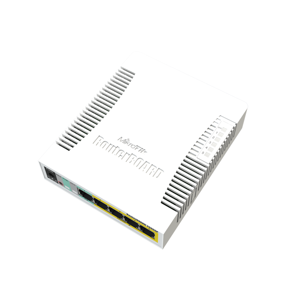 Mikrotik RouterBoard CSS106-1G-4P-1S (aka RB260GSP) Smart Gigabit Switch with five-10/100/1000 ethernet ports, POE output, one SFP port, and SwOS