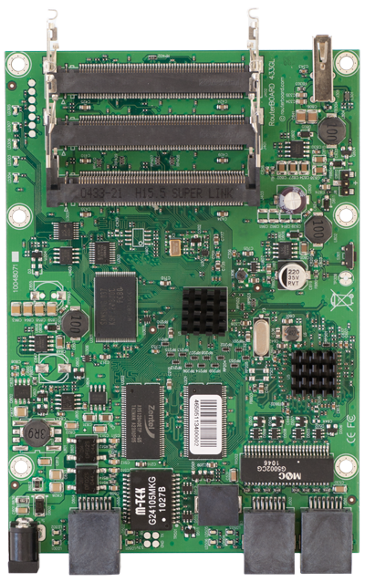 RB433UAHL RB/433UAHL Mikrotik RouterBOARD 433 with 680MHz Atheros CPU, 64MB DDR RAM, 3 LAN, 3 miniPCIe, 1 USB port, NAND, RouterOS L5