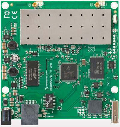RB711G-5HnD Mikrotik RouterBOARD 711 with Atheros AR7240 400MHz CPU, 32MB DDR RAM, 5GHz 802.11a/n dual chain radio, and RouterOS L3