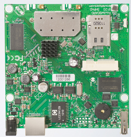 RB912UAG-5HPnD (for US and Canada) Mikrotik RouterBOARD 912G with Atheros AR9342 600MHz CPU, 64MB DDR RAM, 5GHz 802.11a/n dual chain radio, and RouterOS L4