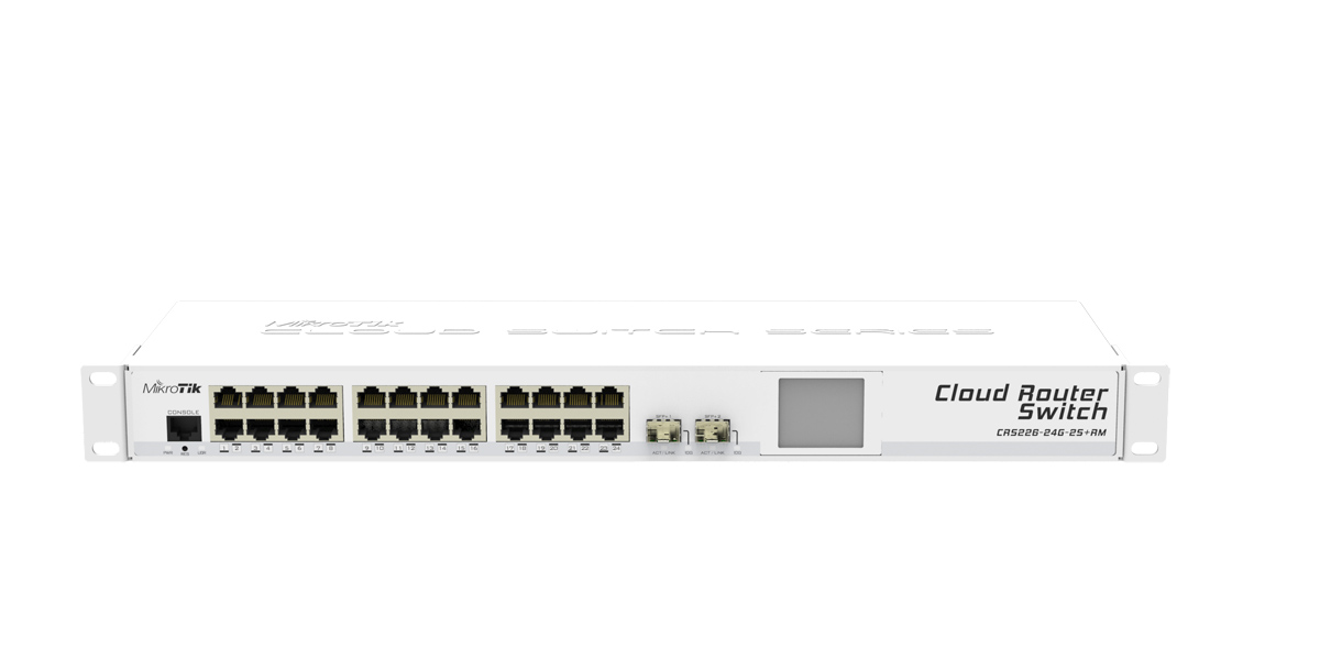 Mikrotik Cloud Router Switch CRS226-24G-2S+RM complete 2 SFP+ cages plus 24 port 10/100/1000 layer 3 switch and router assembled with 1U RM case and power supply - New!