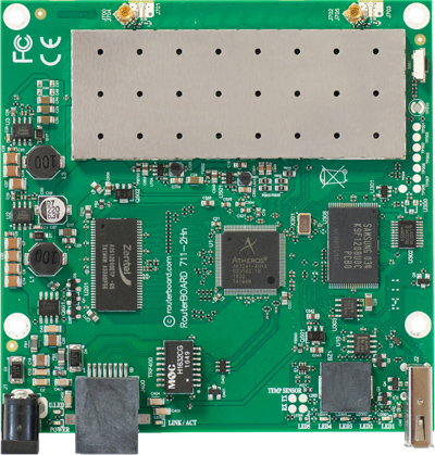 RB711UA-2HnD Mikrotik RouterBOARD 711 with Atheros AR7241 400MHz CPU, 64MB DDR RAM, 2.4GHz 802.11b+g/n dual chain radio, and RouterOS L4 - New!