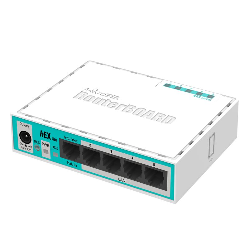Mikrotik RouterBoard RB750 RB750r2 hEX lite 5 port 10/100 switch and/or router in molded plastic case with power supply