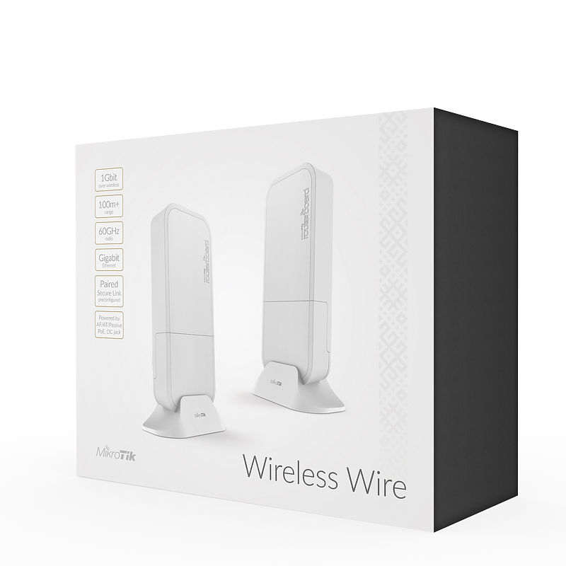 The Mikrotik Wireless Wire RBwAPG-60ad kit is a pair of 60GHz radios which provide gigabit speeds over a low cost wireless link - New!